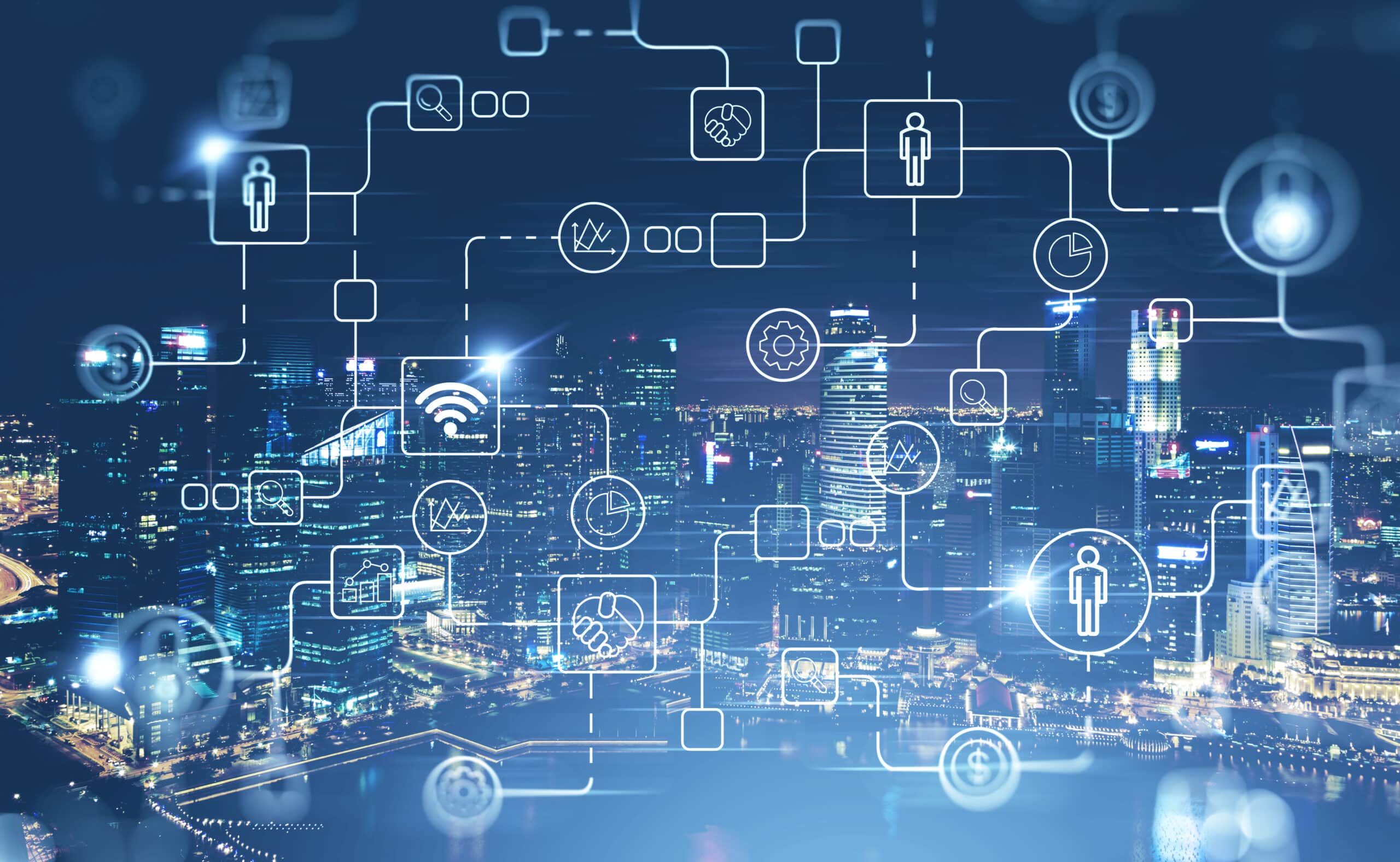 precious metals asset digitization securitization monetization hypothecation digital banking A cityscape with a lot of different icons on it showcasing token hypothecation.