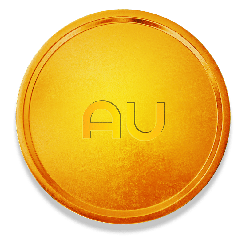 precious metals asset digitization securitization monetization hypothecation digital banking A gold coin with the chemical symbol "AU" engraved in the center, representing digital gold, sits on a plain background.