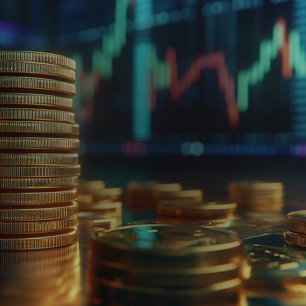 precious metals asset digitization securitization monetization hypothecation digital banking Stacks of gold coins in the foreground represent digital gold, with a blurred financial stock chart on a digital screen in the background.