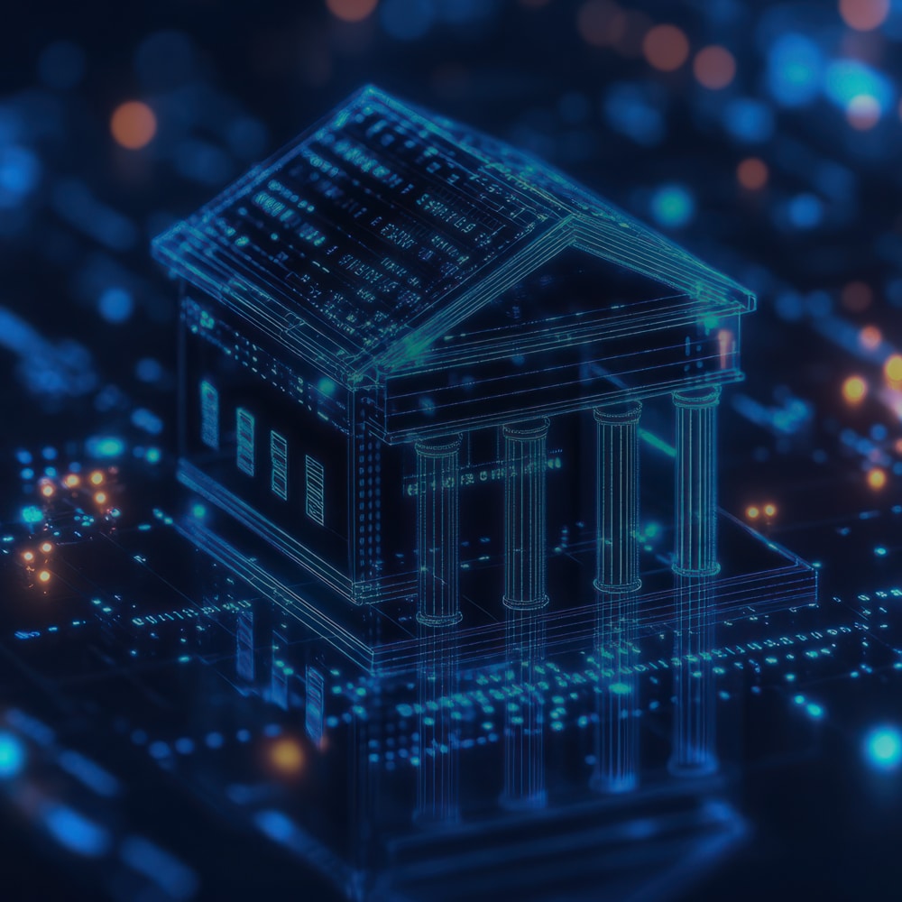 precious metals asset digitization securitization monetization hypothecation digital banking Digital rendering of a classical bank building made of glowing blue circuit lines, symbolizing digital gold in modern banking or fintech, set against a dark background with abstract data patterns.