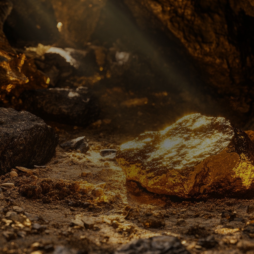 precious metals asset digitization securitization monetization hypothecation digital banking A large gold nugget rests on sandy ground among rocks, illuminated by a beam of sunlight in a cave or mine setting, evoking the allure of digital gold hidden within the shadows.