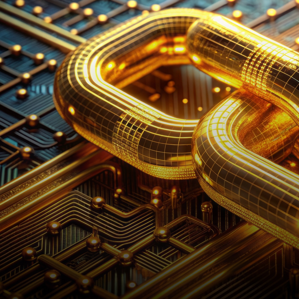 precious metals asset digitization securitization monetization hypothecation digital banking A close-up of a gold chain link over a circuit board, symbolizing digital gold and blockchain technology in the realm of digital security.