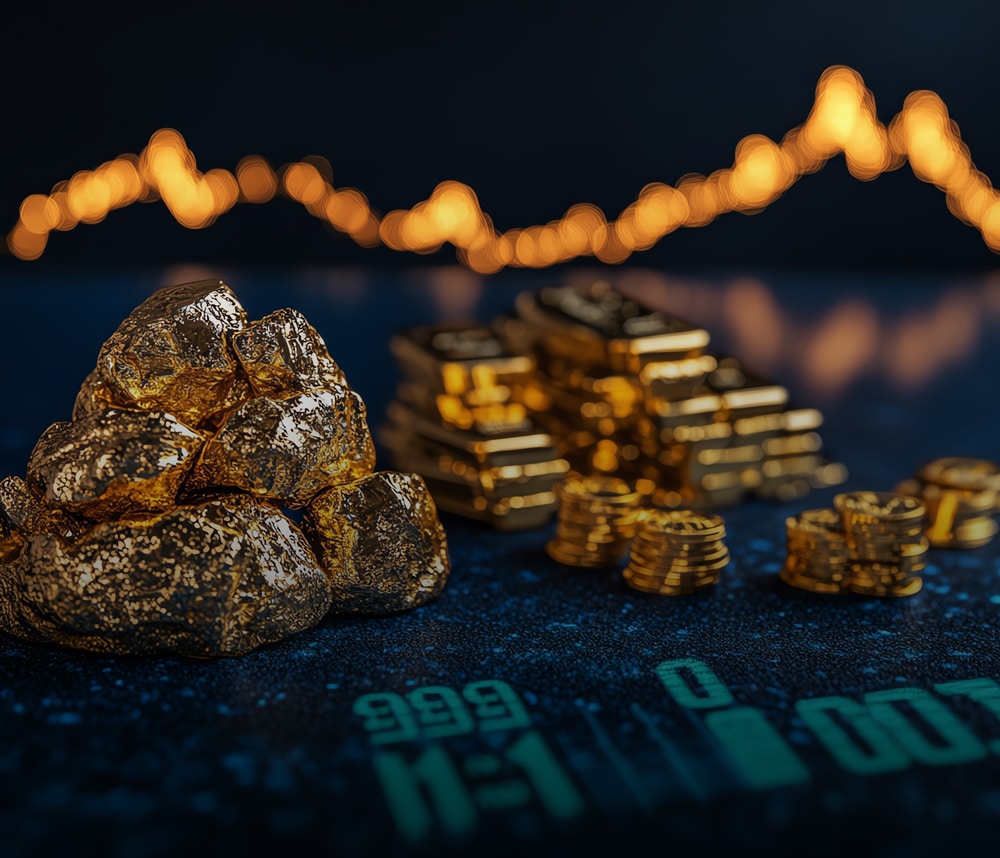 precious metals asset digitization securitization monetization hypothecation digital banking Piles of gold nuggets, bars, and coins on a blue surface with a digital stock chart and a glowing graph line in the background, illustrating the rise of digital gold.